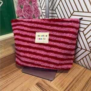Pink and Red Striped Sherpa Fleece Cosmetic Bag